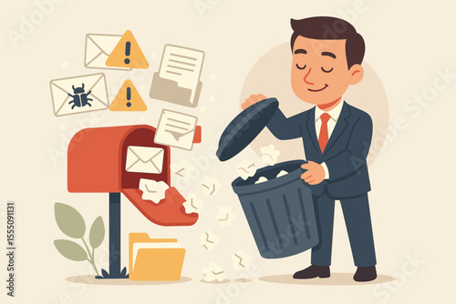 Businessman decluttering a mailbox, deleting spam, phishing, and virus emails. Concept for inbox zero, digital organization, and efficient file management. Tidying up the inbox.