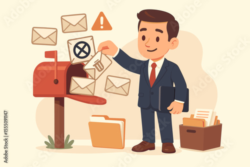 Businessman decluttering mailbox, deleting spam and junk email. Concept for efficient inbox management, filtering messages, and office organization. Vector cartoon character illustration.