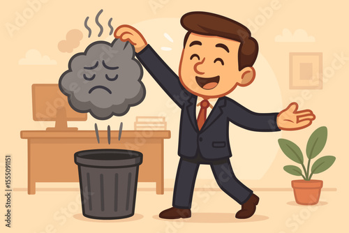 Stress relief concept. Businessman throwing sad cloud of anxiety into trash can. Getting rid of negativity, work pressure. Mental health, well-being, finding peace. Cartoon vector.