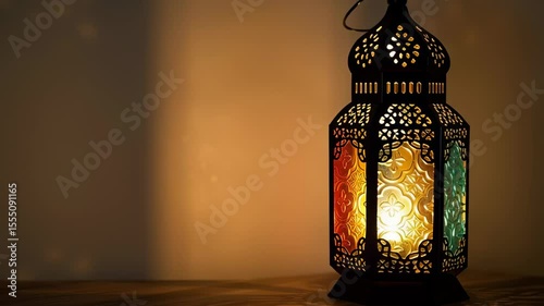 intricately designed lantern casting a warm glow with colorful glass panels, enhancing ambiance and adding charm to any decor setting