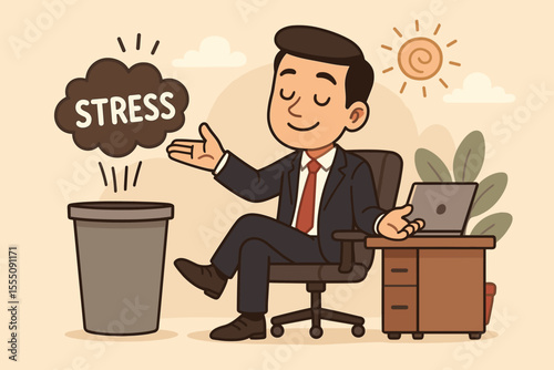 Businessman discarding stress, finding peace. Concept for eliminating work anxiety and burnout. Mental health and employee wellbeing in professional office setting. Cartoon vector.