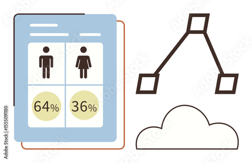 Gender data comparison using a chart with 64 and 36 proportions, connected to a flowchart and cloud icon. Ideal for demographics, tech, analytics, research, cloud computing, data representation