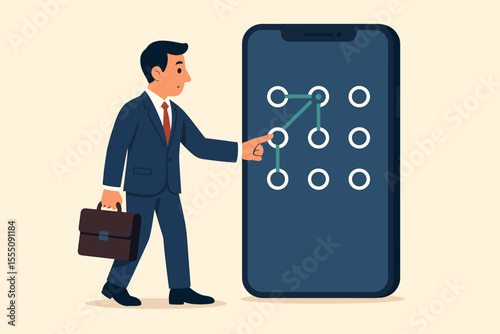 Businessman entering secure pattern lock on a smartphone. Concept of cybersecurity, mobile data protection, privacy, and two-factor authentication. Man unlocking device. Vector.