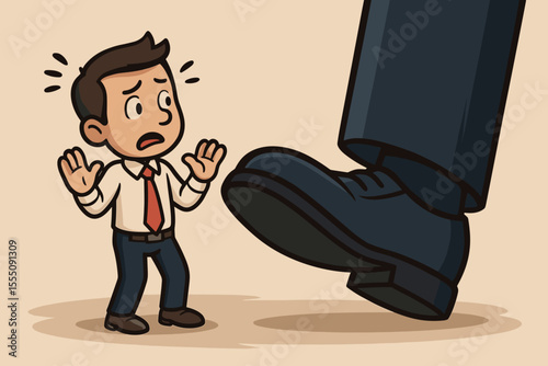 Intimidation in Business Concept. Cartoon Small Businessman Facing Giant Corporate Foot. Workplace Bullying, Power Imbalance, Corporate Pressure, Fear, Stress, Oppression, Vector Illustration