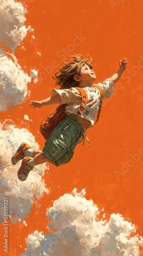 Child Joyfully Flying Amidst Orange Sky and Clouds