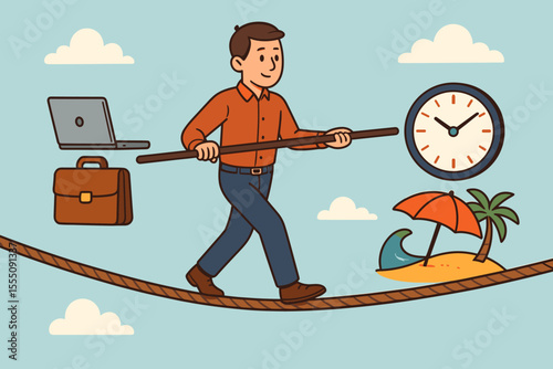 Businessman walking tightrope balancing work and life, time management, career and vacation, stress, job responsibilities, leisure, work-life balance concept, vector cartoon illustration