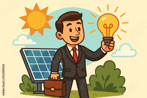 Businessman holding glowing lightbulb idea next to a solar panel. Concept of renewable energy, sustainability, eco-friendly business, green innovation, and clean power investment.