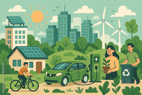Sustainable urban cityscape with eco-friendly transportation, electric car charging, solar panels, wind turbines, recycling, green energy, cycling, environmental conservation, modern green living
