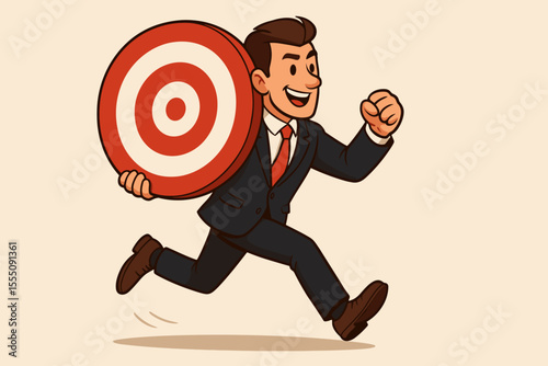 Businessman running with a large target. Concept for business goals, career objectives, and achievement. Motivated corporate character in suit pursuing success. Strategy vector illustration.