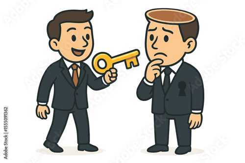 Businessman Unlocking Mind with Key, Concept of Mental Access, Knowledge Sharing, Problem Solving, Teamwork, Creativity, Cartoon Vector Illustration, Brainstorming, Innovation, Guidance