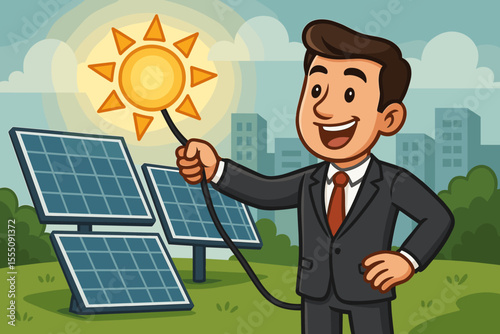 Businessman harnessing solar energy concept. Corporate investment in renewable green power. Man plugging sun into solar panels for sustainable business. Cartoon vector illustration.