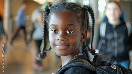 happy young girl with braided hair smiling at the camera in a busy indoor space, showcasing her excitement and joy, surrounded by blurred figures in the background