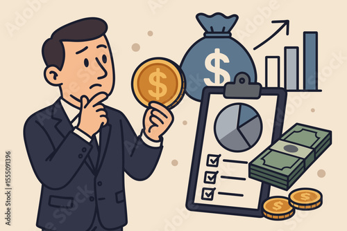 Budget planning concept. Businessman contemplates personal finance management and investment strategy. Man holding coin, thinking about money, expenditure, and savings. Financial chart. Vector.