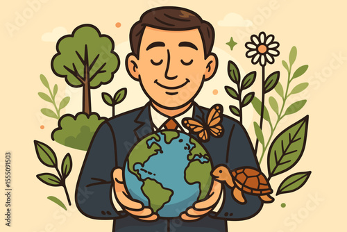 Businessman holding the Earth globe. Concept for environmental care, biodiversity conservation, and sustainability. Corporate Social Responsibility (CSR) and ESG. Vector cartoon.