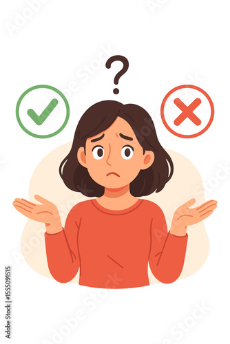 Confused woman making decision with yes or no symbols, question mark, indecisive choice dilemma, uncertainty concept, vector cartoon illustration, problem solving, decision making process