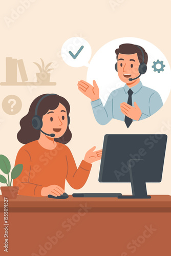 Customer support concept. Woman seeking technical assistance online. Call center operator providing help, answering client inquiries, remote service, headset communication, vector illustration