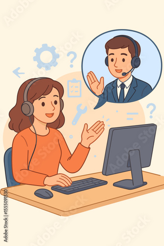 Customer support communication concept. Woman at computer receiving technical assistance from call center agent. Online help desk, client service, remote troubleshooting, vector cartoon illustration.