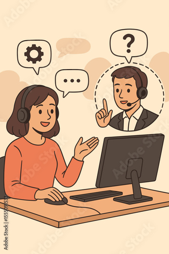 Customer support representative assisting client online, technical support conversation, call center operator helping with inquiries, remote service, headset, communication, vector illustration