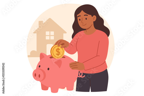 Woman Saving Money in Piggy Bank for Home Purchase, Financial Planning, Real Estate Investment, Budgeting, Mortgage Preparation, Personal Finance, Wealth Management, Vector Illustration