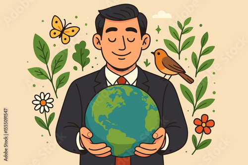 Businessman holding the globe. Environmental care, biodiversity conservation, green business concept. ESG, sustainability, and corporate responsibility. Vector illustration for Earth Day.