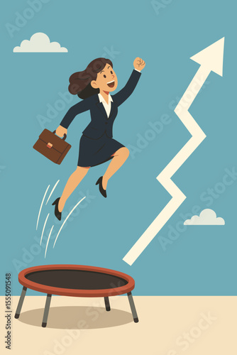 Ambitious businesswoman jumping on trampoline towards upward arrow, symbolizing career growth, success, motivation, leadership, opportunity, achievement, and professional development concept
