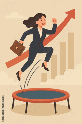 Ambitious businesswoman leaping on trampoline toward career growth, motivation, and success. Upward arrow, progress chart, empowerment, leadership, achievement, opportunity, professional development