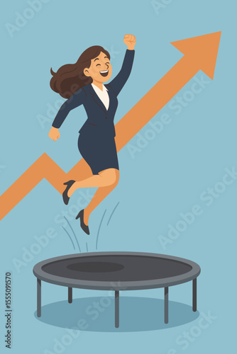 Businesswoman jumping on trampoline toward upward arrow. Career growth, success, motivation, opportunity, achievement, business progress, leadership, empowerment, ambition, vector illustration