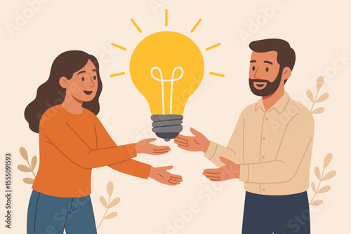 Creative teamwork and idea exchange concept. Woman and man sharing big light bulb. Collaboration, innovation, brainstorming, partnership, communication, creative process. Vector illustration