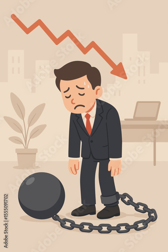 Depressed businessman chained to a heavy weight. Metaphor for financial burden, debt, and business failure. Economic crisis and recession concept with downward arrow graph. Stress.