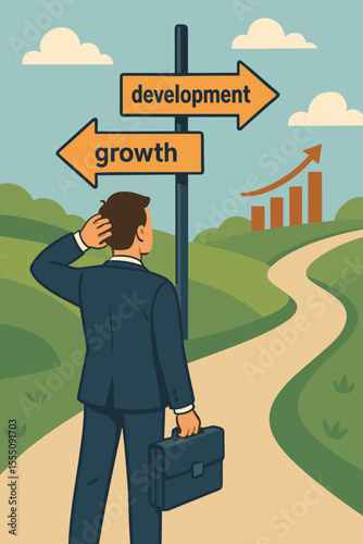 Businessman at a crossroads choosing between growth and development. Business strategy concept with a manager making a decision. Metaphor for career path, choice, and opportunity.
