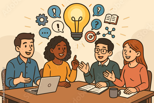 Business team brainstorming session. Diverse group of colleagues in a creative meeting discussing ideas. Concept of teamwork, collaboration, innovation, and problem-solving.