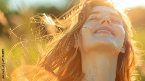 young woman enjoying sunlight outdoors with serene expression, golden hour glow illuminating hair in a field, conveying relaxation and freedom in nature