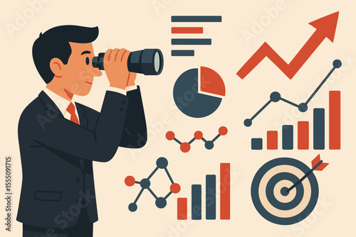 Businessman with binoculars looks at charts. Business vision and strategic planning concept. Market analysis, financial forecasting, investment growth, and achieving target goals. Vector.