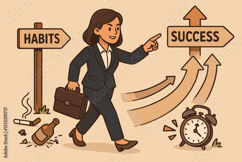 Businesswoman choosing success over bad habits. Concept of changing lifestyle for personal development. Leaving smoking, alcohol for career growth. Motivation, self-improvement vector.