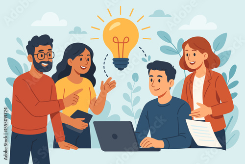 Teamwork success and collaboration concept. Diverse group of creative business people brainstorming a new idea in an office meeting. Lightbulb icon symbolizing innovation and solution.