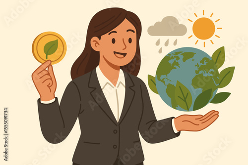 Sustainable business initiative concept vector. Businesswoman holds planet Earth and eco coin. ESG, CSR, green economy, climate care, and environmental conservation illustration.