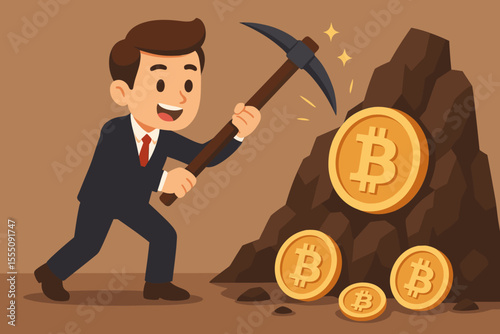 Businessman mining for golden bitcoins with a pickaxe. Cryptocurrency earning and digital currency investment metaphor. Crypto mining, blockchain technology, and finance concept vector.
