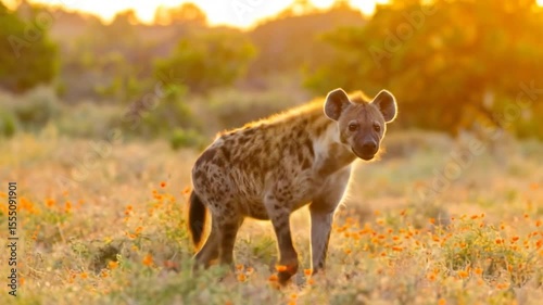 Hyena captured at sunset in a vibrant field of flowers, natural beauty