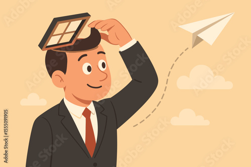 Businessman opens a window in his mind to launch a paper plane. Metaphor for creative ideas, startups, and innovation. Conceptual vector art of open-mindedness and launching a new project.