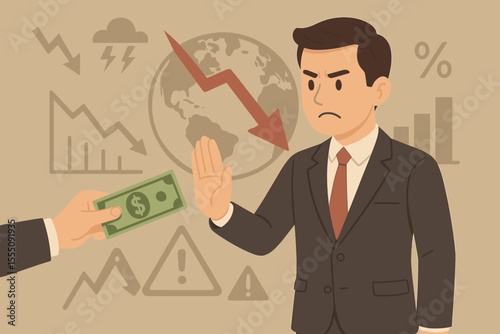 Businessman refusing US dollar. Concept of global economic crisis, recession, and financial risk. Investment market crash, currency decline, and de-dollarization metaphor.