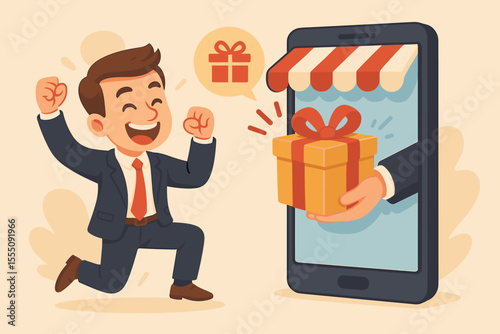 Customer loyalty program concept. Happy businessman gets a reward gift from a smartphone online store. E-commerce promotion, winning a prize, digital marketing bonus. Cartoon vector.
