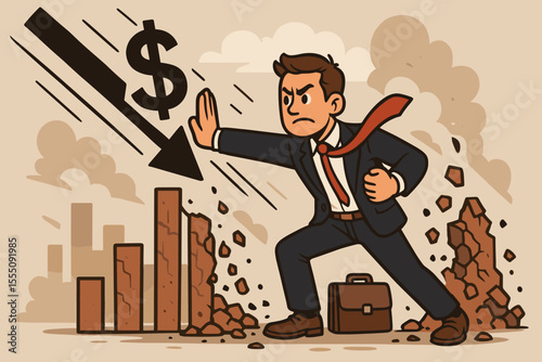 Businessman resisting financial crisis and bankruptcy with determination. Cartoon vector of a manager stopping a falling dollar arrow to protect his business from economic recession.