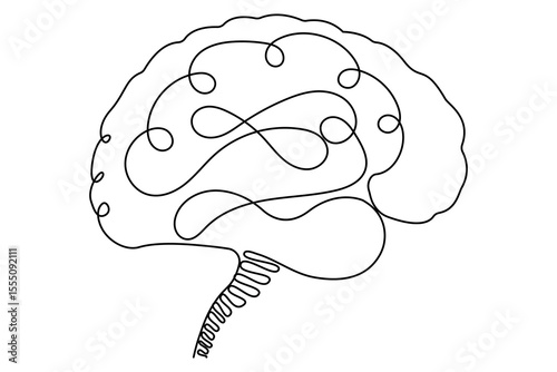 Human brain continuous one line drawing of isolated outline vector minimalist style.
