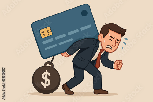 Man struggling under heavy credit card debt. Businessman carrying financial burden from loans and mortgage. Concept illustration for economic crisis, bankruptcy, and financial pressure.