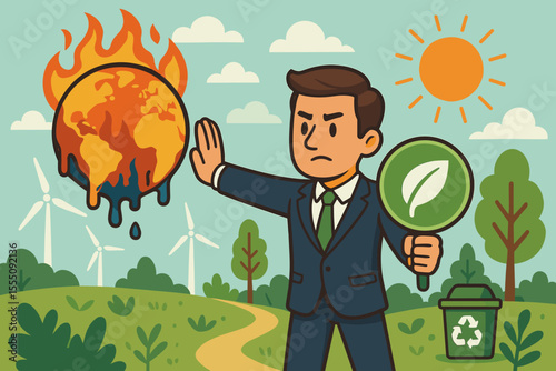 Businessman stopping global warming. Man prevents planet from burning, advocating for sustainability, green energy, and environmental conservation. Climate action and ESG concept vector.