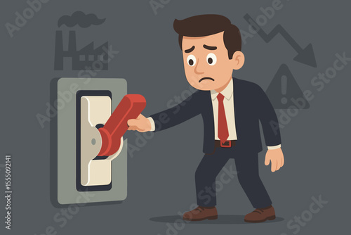 Sad businessman pulling a lever to switch off. Concept of business closure, factory shutdown, bankruptcy, and financial crisis. Economic recession and investment risk metaphor vector.