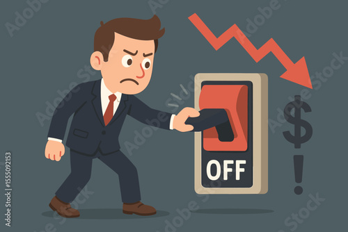 Upset businessman turning off a switch to stop cash flow. Metaphor for business closure, bankruptcy, financial crisis, economic recession, market crash, and investment risk.