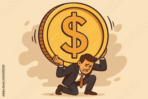 Financial pressure and economic crisis concept. A stressed businessman struggles under the heavy weight of a giant dollar coin. Metaphor for debt, burden, bankruptcy, and inflation.