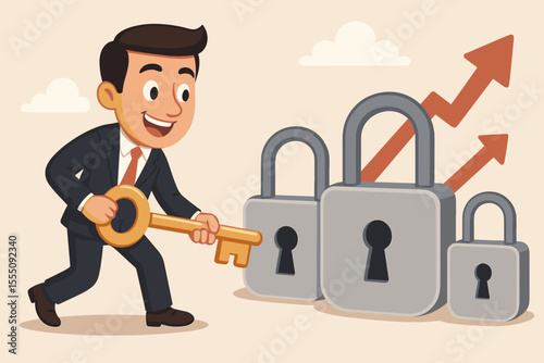 Key to success concept. Businessman with a large golden key unlocks padlocks. A metaphor for solving problems, finding opportunities, and unlocking potential for business growth.
