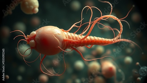 Microscopic view of decapitated sperm with parasite tendrils